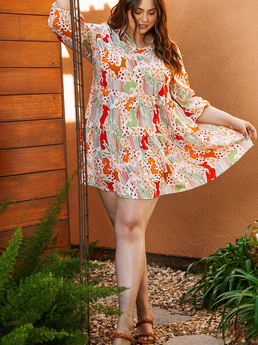 Multicolour Plus Size Mix Floral Puff Sleeve Ruffled Dress