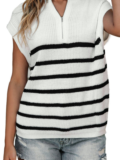 Elegant White Striped Half Zip Stand Neck Sweater Tee
