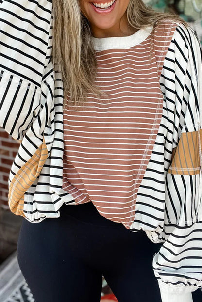 Pink Striped Color Block Patchwork Exposed Seam Oversize Long Sleeve Top