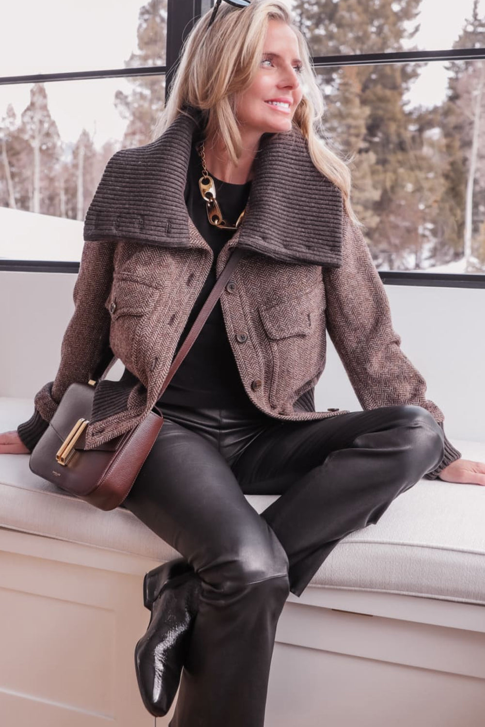 Dark Brown Mix Texture Ribbed Knit Patchwork Large Collar Jacket