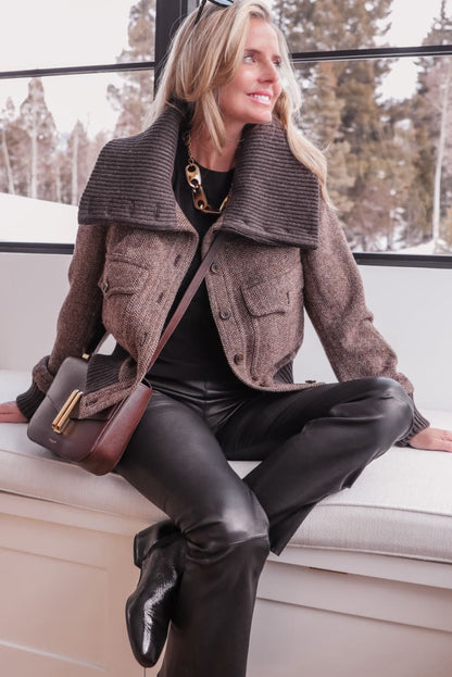 Dark Brown Mix Texture Ribbed Knit Patchwork Large Collar Jacket