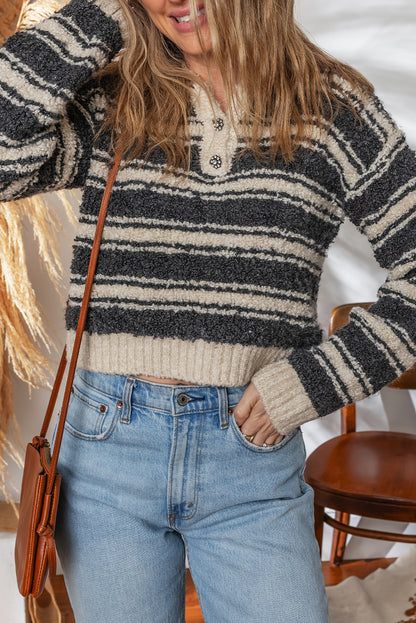 Black Stripe Fuzzy Knit Button V Neck Cropped Sweater