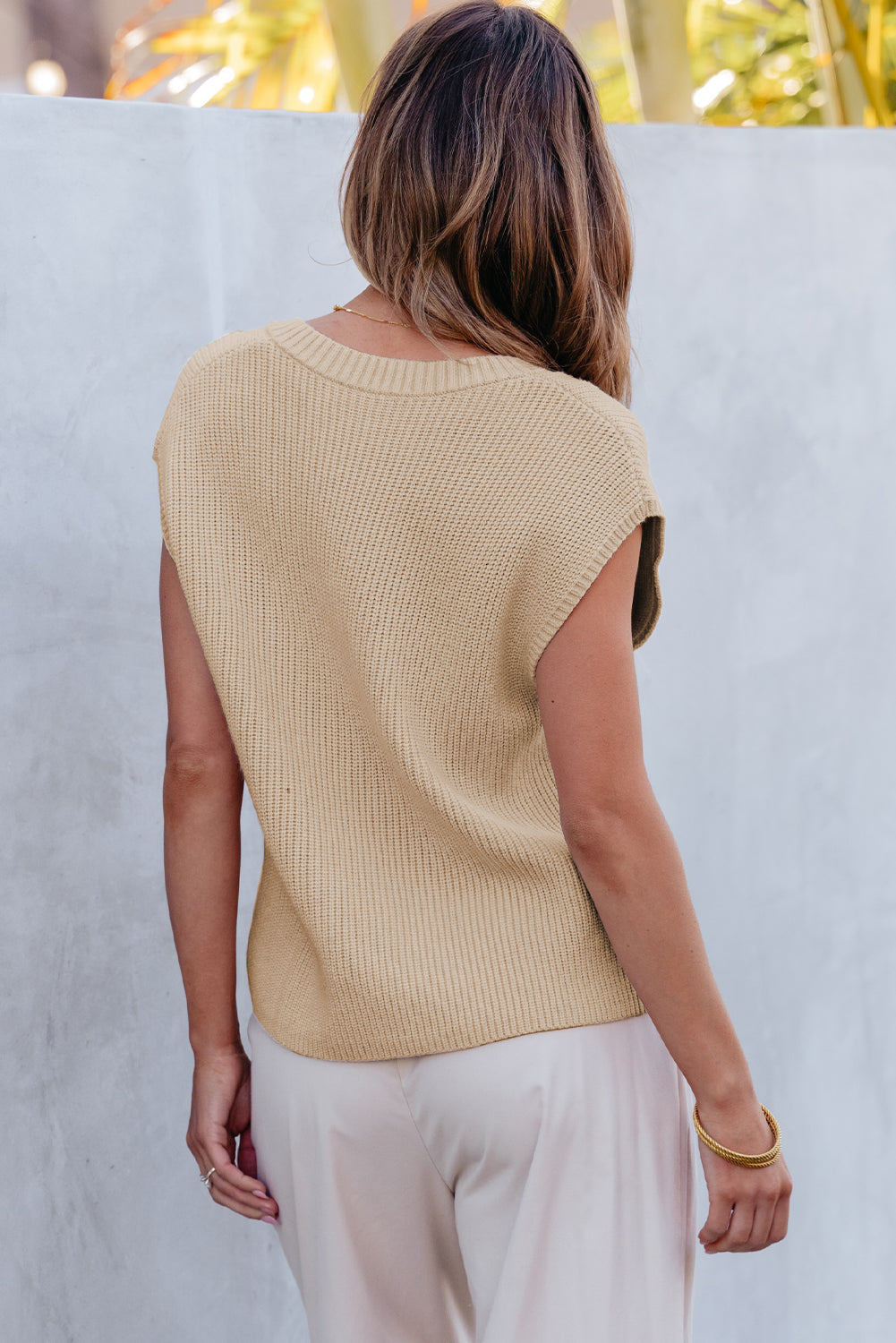 Apricot Ribbed V Neck Cap Sleeve Sweater with Chest Pocket