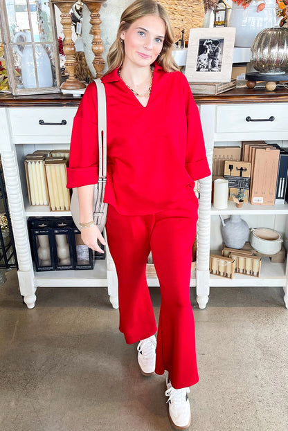 Fiery Red Polo Collar V Neck 3/4 Sleeve Pullover Drawstring Bell Bottom Pants 2pcs Set