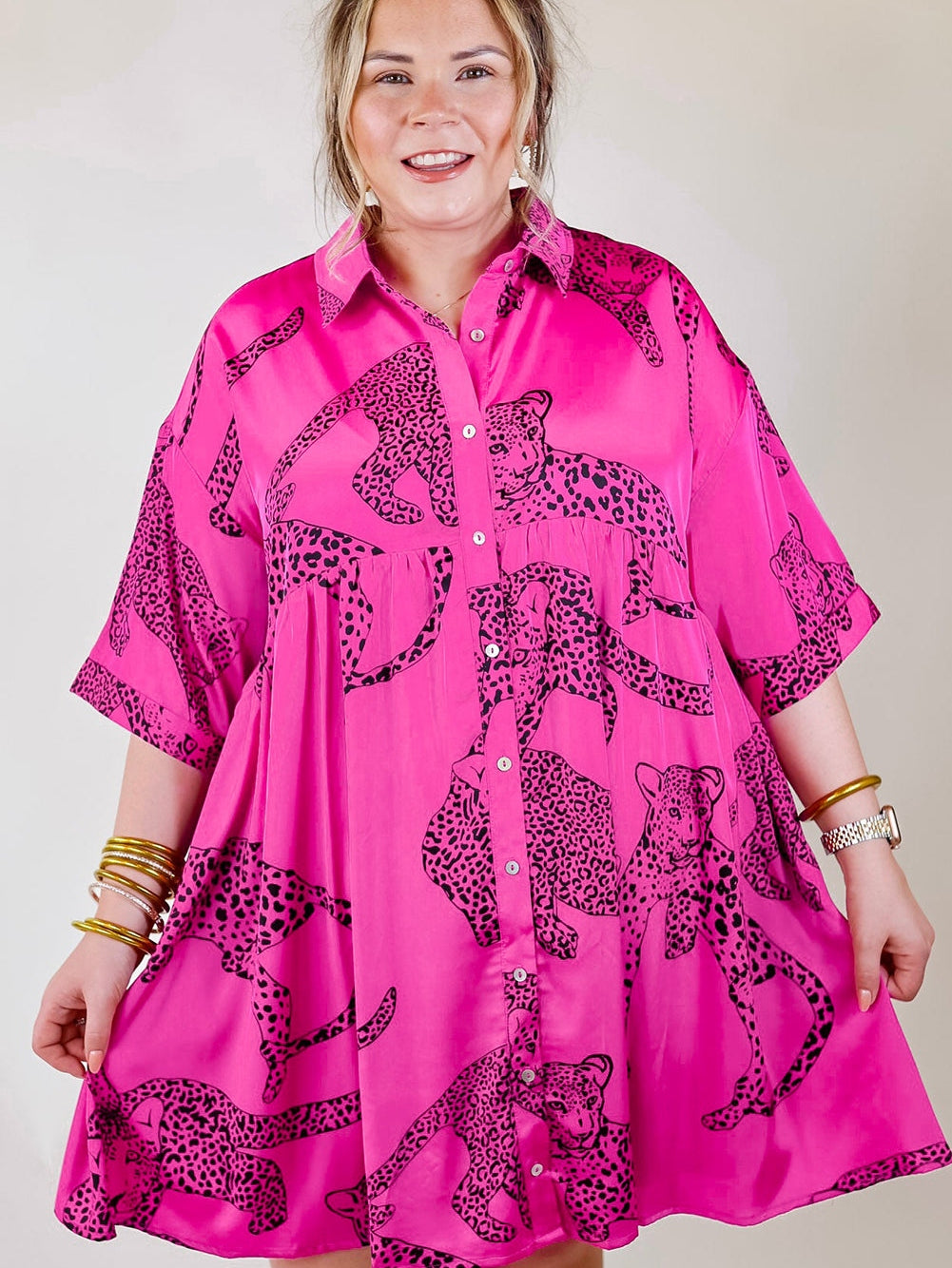 Rose Cheetah Print Half Sleeve Buttoned Plus Size Mini Dress