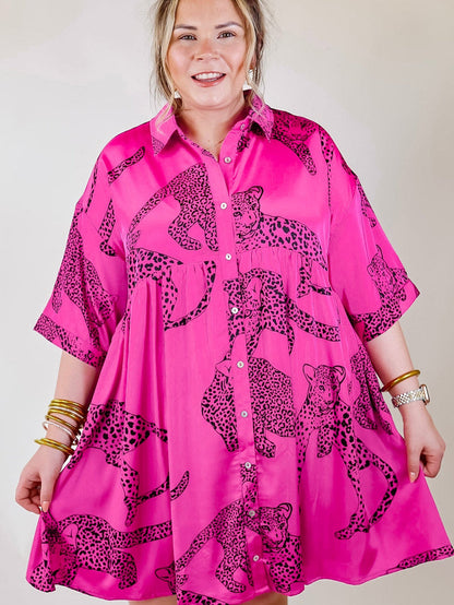 Rose Cheetah Print Half Sleeve Buttoned Plus Size Mini Dress