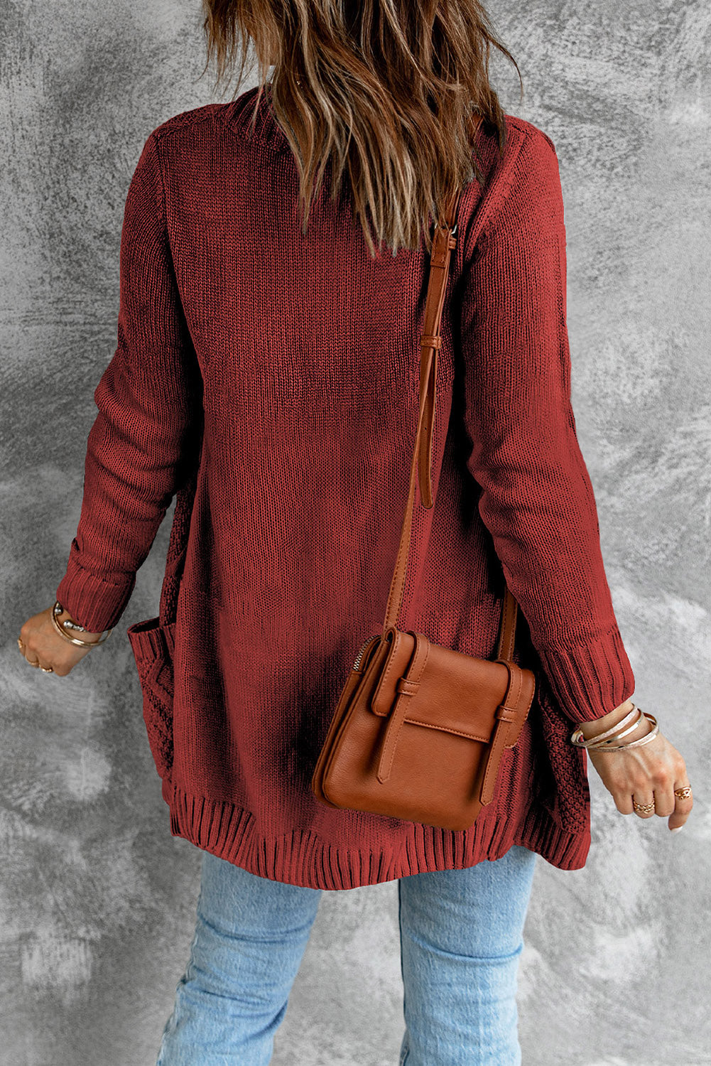 Burgundy Front Pocket and Buttons Closure Cardigan