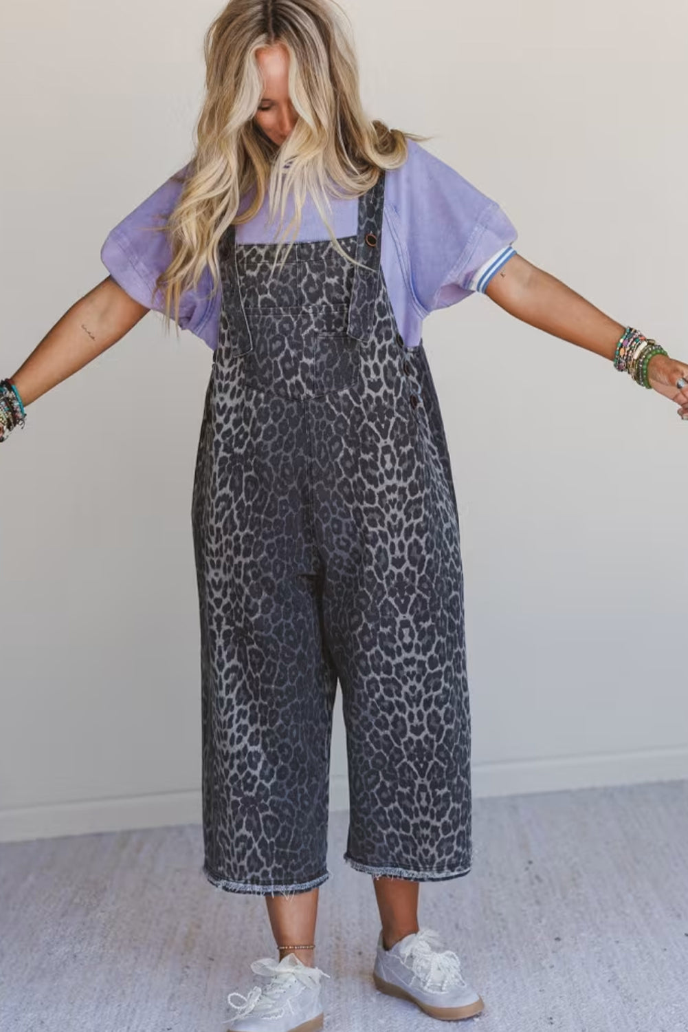 Gray Leopard Print Button Adjustable Straps Loose Denim Overall Jumpsuit
