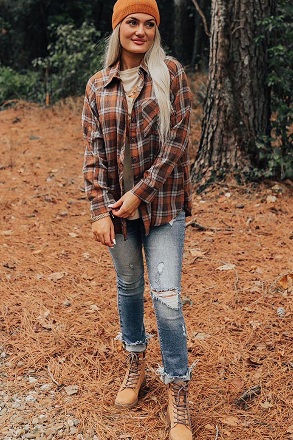 Brown Plaid Chest Pocket Western Casual Shirt