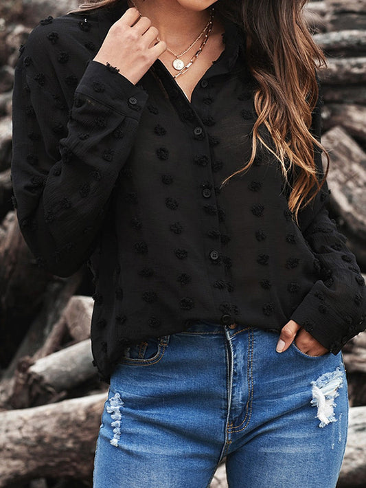 Elegant Black Polka Dot Fuzzy Button-Up Blouse