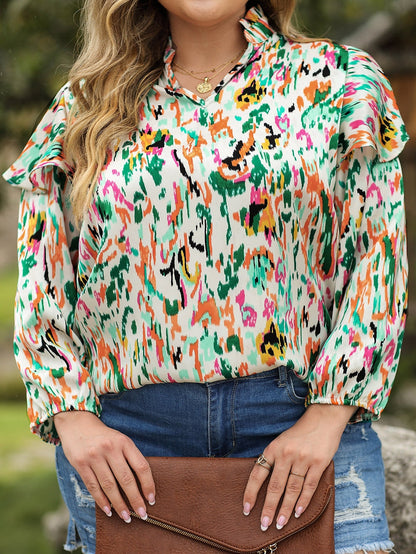 Colorful Abstract Printed Flowy V-Neck Plus Size Top