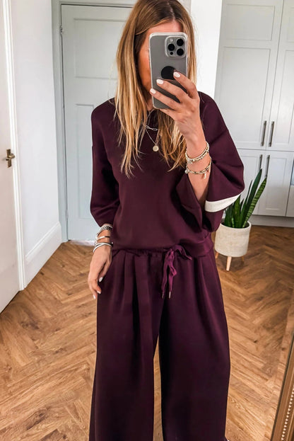 Burgundy Varsity Striped 3/4 Sleeve Pullover Drawstring Sweatpants Set