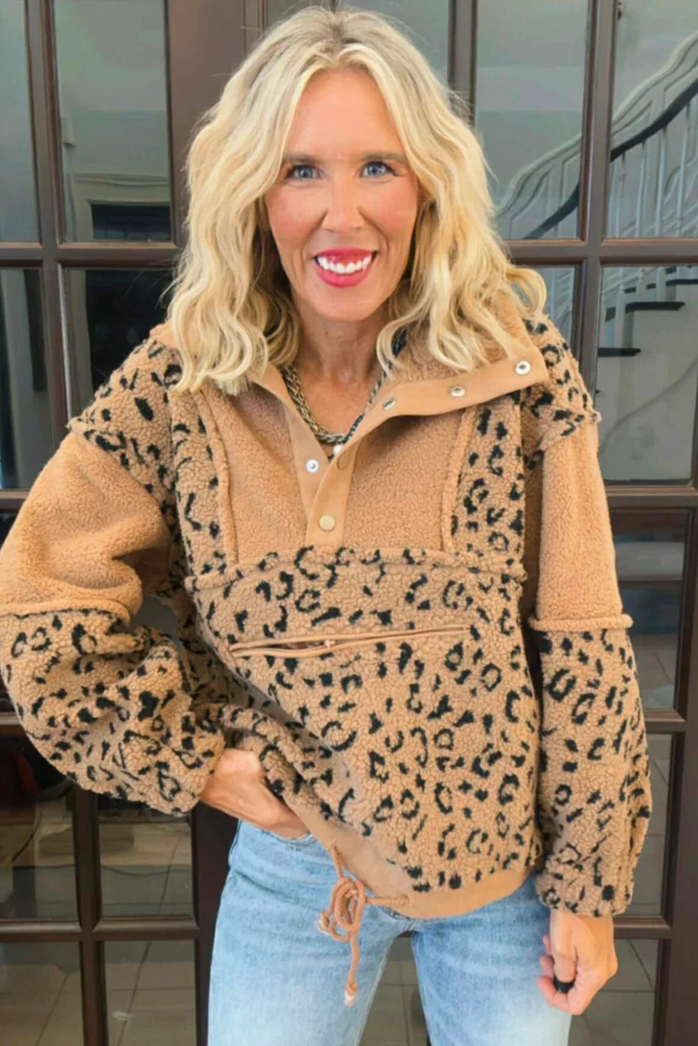 Khaki Sherpa Leopard Color Block Patchwork Cozy Pullover Sweatshirt