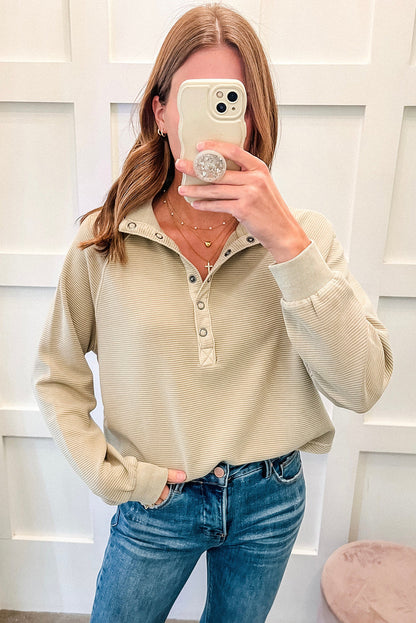 Khaki Stripe Ribbed Texture Raglan Sleeve Half Button Sweatshirt