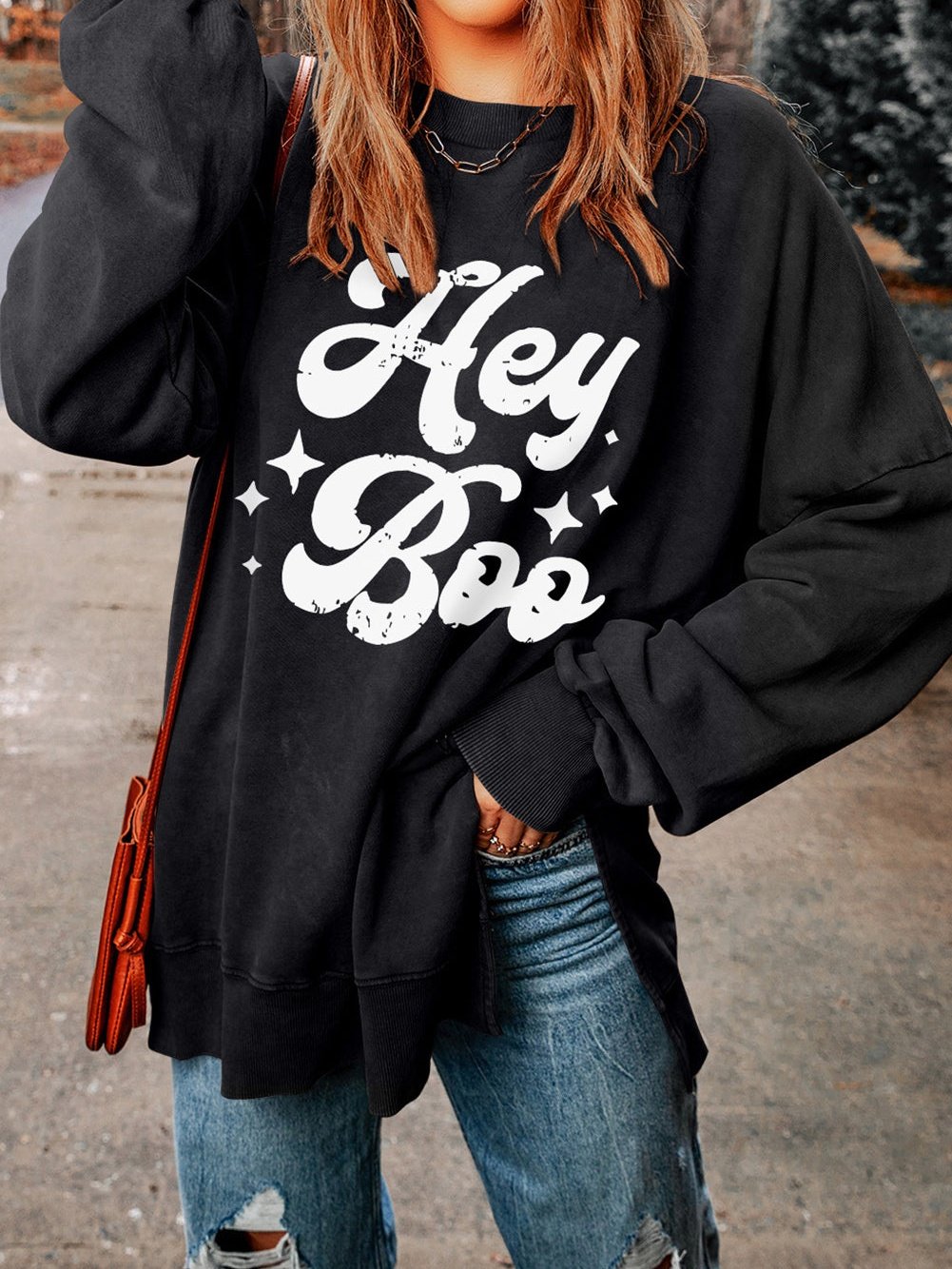 Hey Boo Black Letter Print Oversized Sweatshirt with Side Split