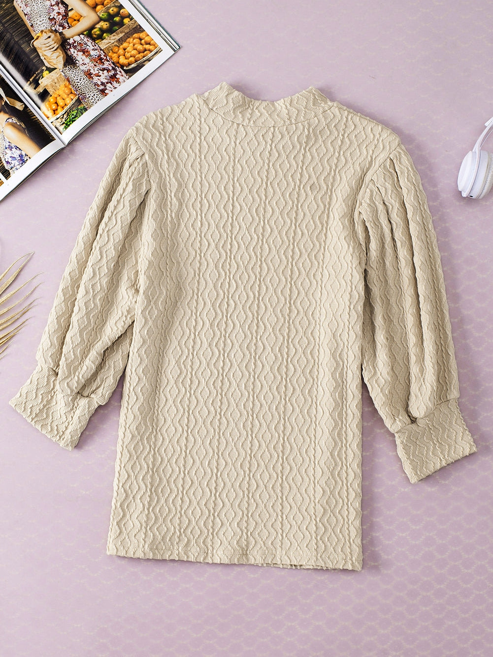 Apricot Textured Vintage Mock Neck Top with Puff Sleeves