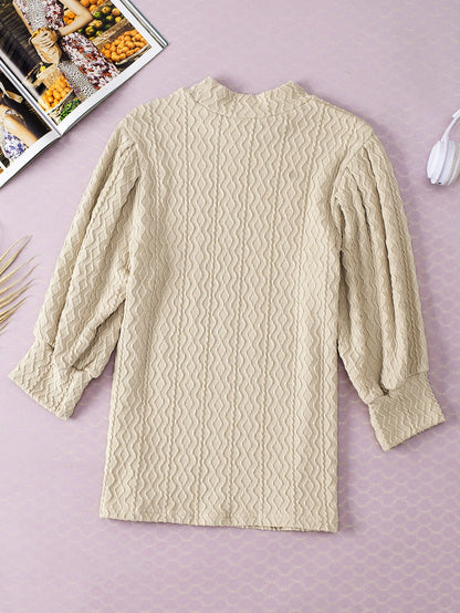 Apricot Textured Vintage Mock Neck Top with Puff Sleeves