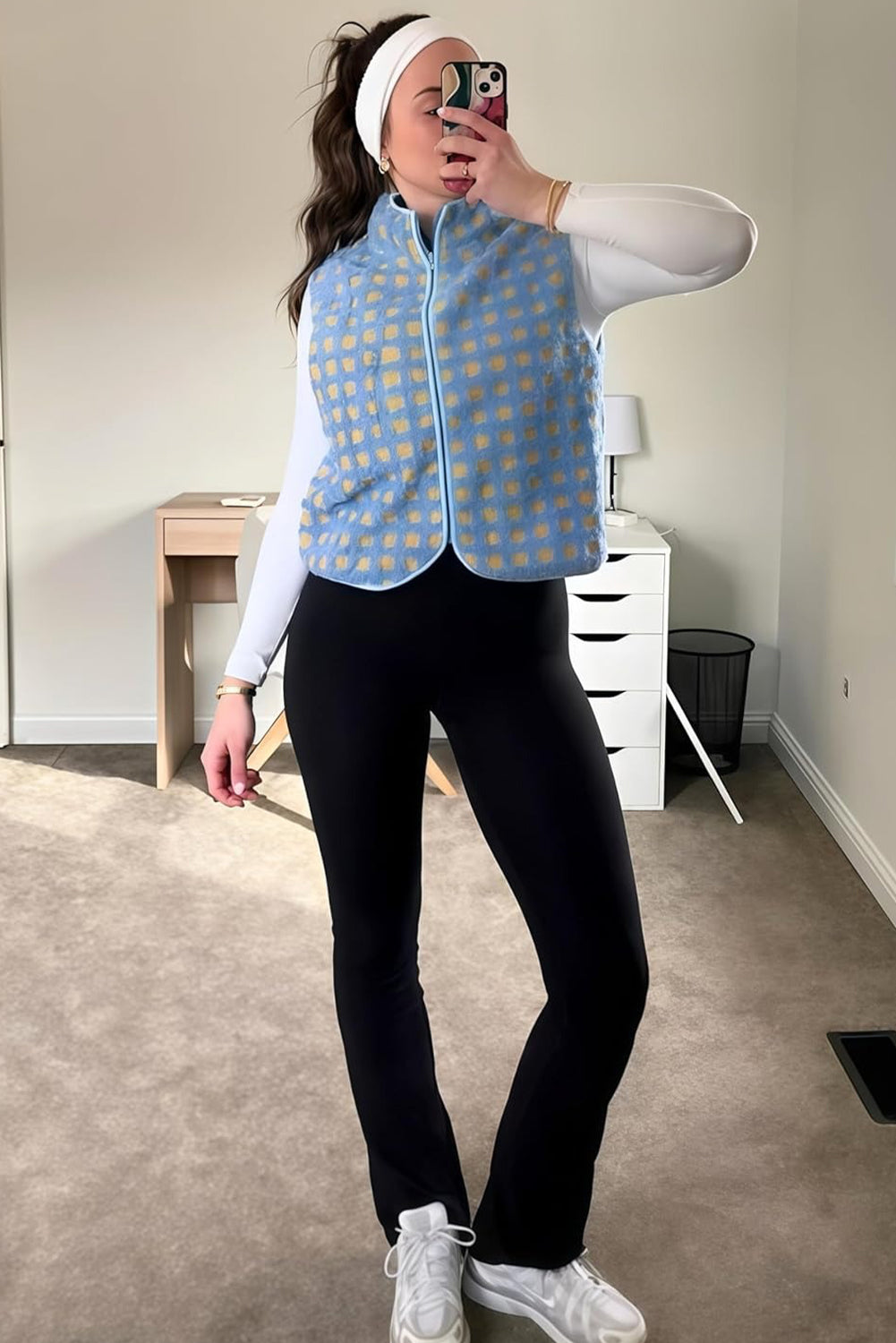 Light Blue Checkered Texture Plush Zip Up Winter Vest