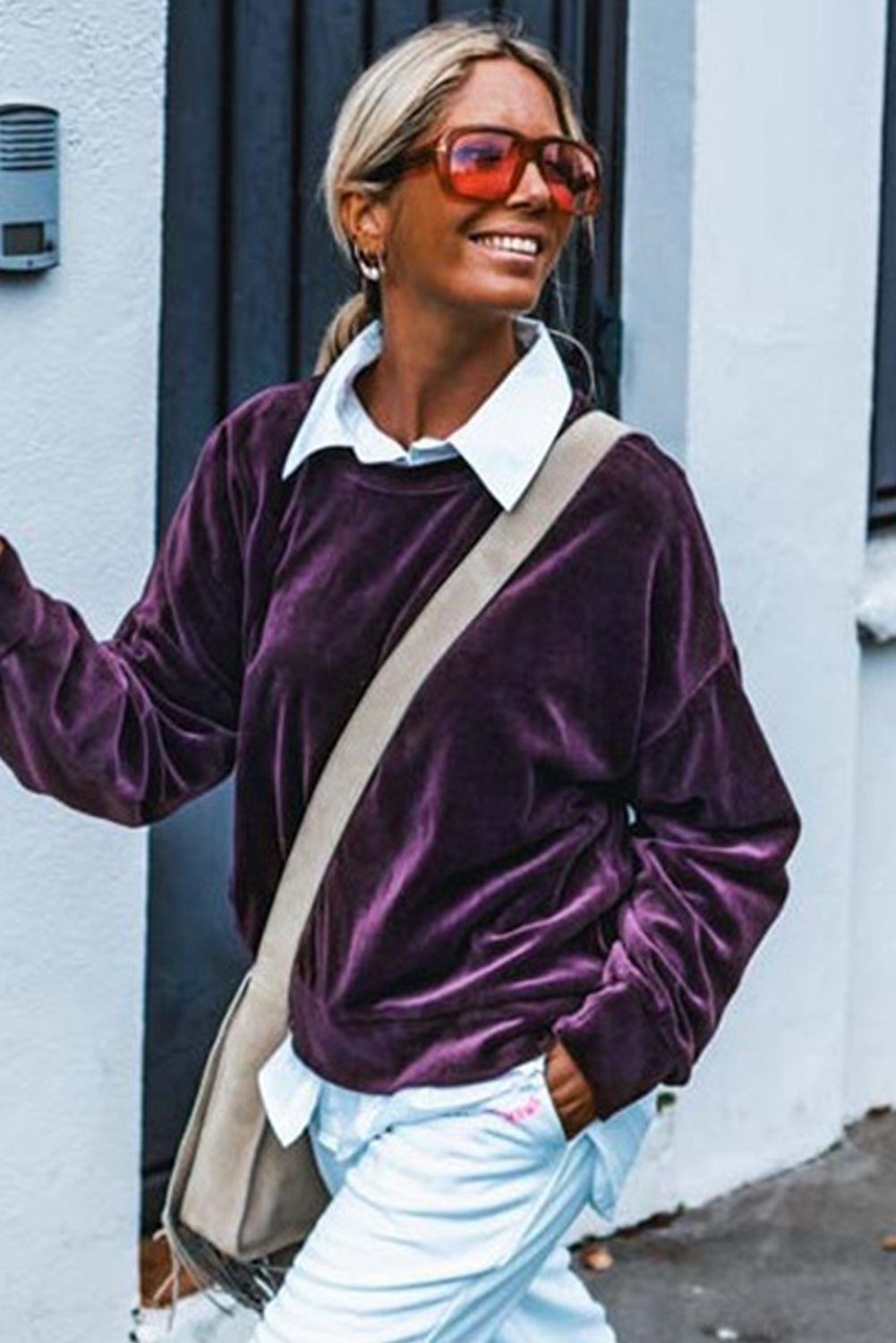 Grape Wine Long Sleeve Drop Shoulder Round Neck Loose Velvet Top