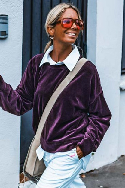 Grape Wine Long Sleeve Drop Shoulder Round Neck Loose Velvet Top