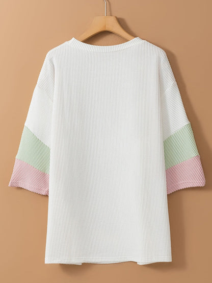 White Ribbed Colorblock Plus Size T-Shirt