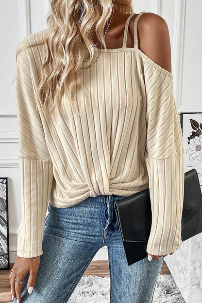 Apricot Twisted Cold Shoulder Ribbed Knit Top with Asymmetrical Neck