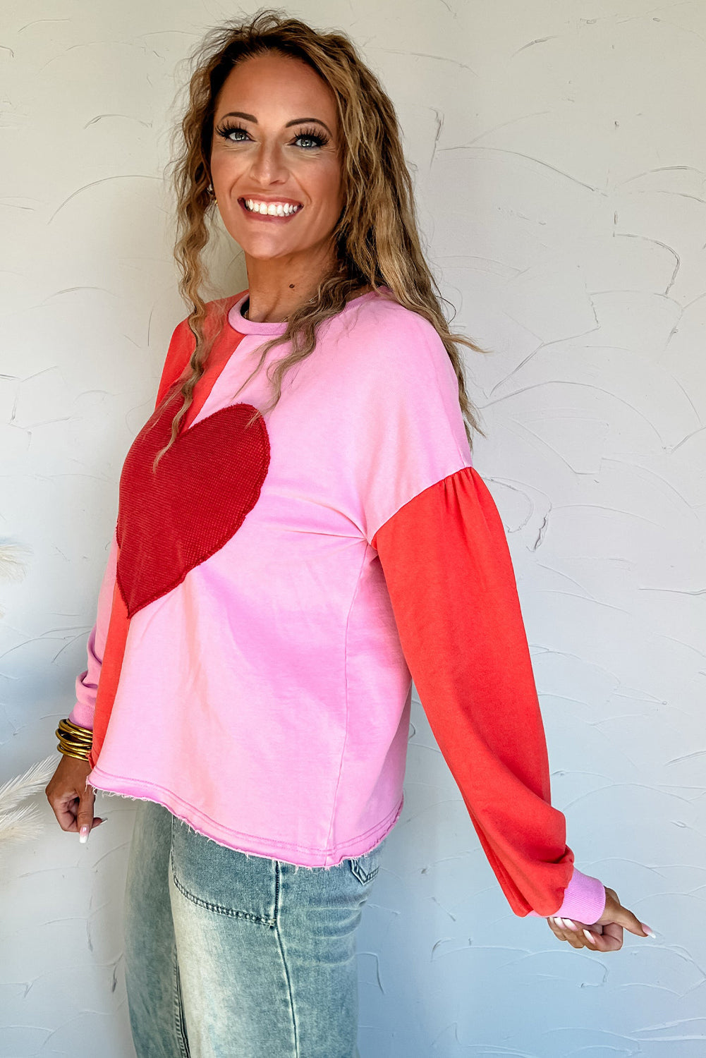 Fiery Red Big Heart Patched Color Block Patchwork Drop Shoulder Long Sleeve Top