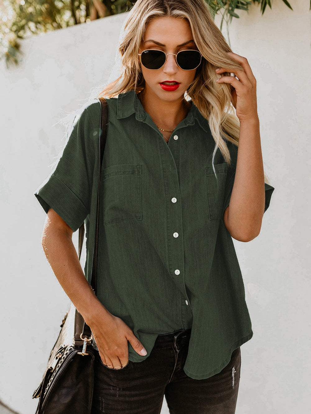 Green Casual Denim Shirt with Boyfriend Style