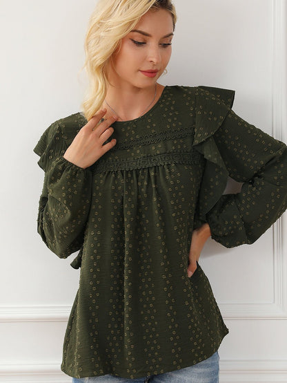 Elegant Green Lace Eyelet Shoulder Ruffle Long Sleeve Top