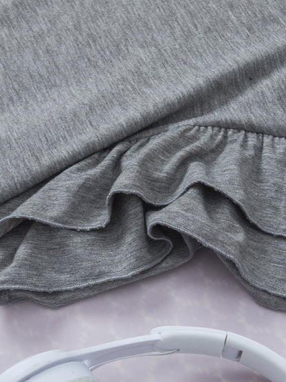 Grey Tiered Ruffle Sleeve Crew Neck Shift Top
