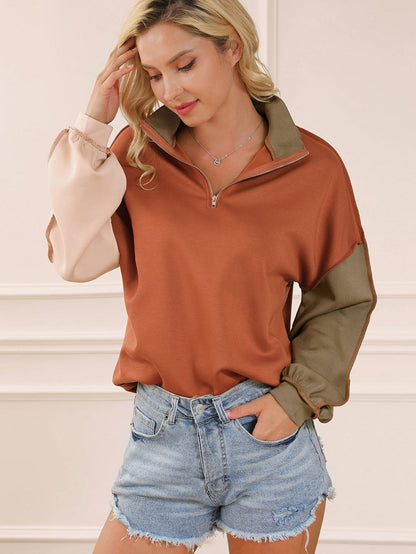 Khaki Zippered V-Neck Color Block Sweatshirt