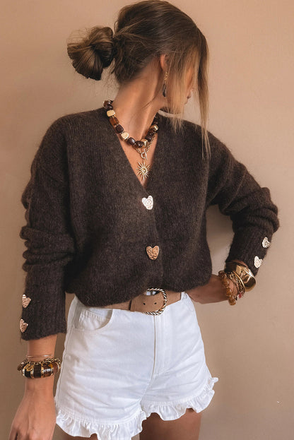 Chicory Coffee V Neck Heart Chunky Knit Metal Button Sweater Cardigan