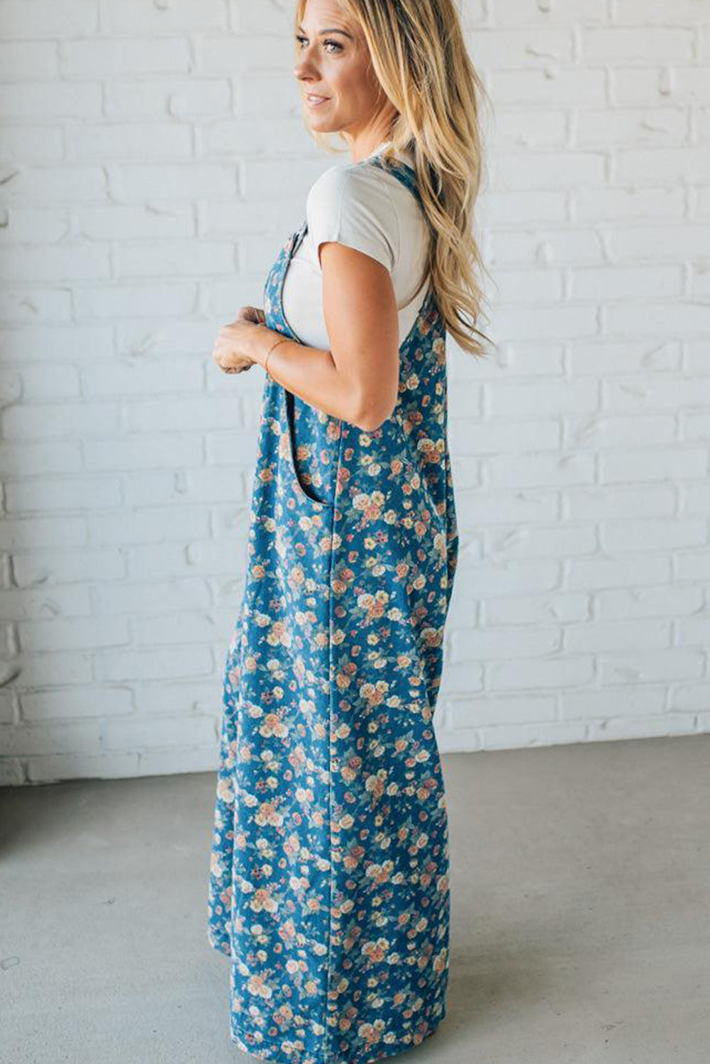Blue Vintage Rose Printed Pleated Loose Denim Overall Jumpsuit