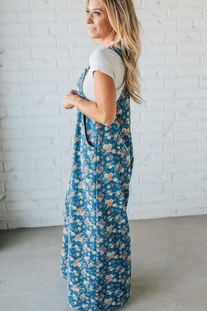 Blue Vintage Rose Printed Pleated Loose Denim Overall Jumpsuit