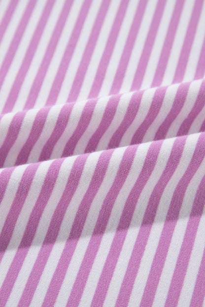 Pink Striped Patchwork Plus Size T-Shirt with Bracelet Sleeves