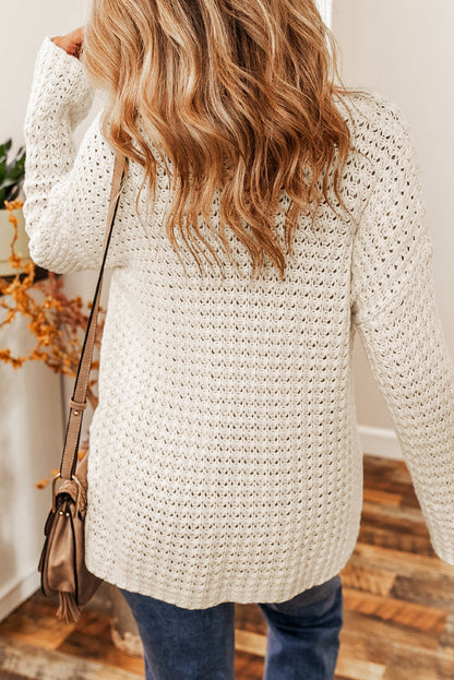 Elegant White Crochet Knit V-Neck Sweater
