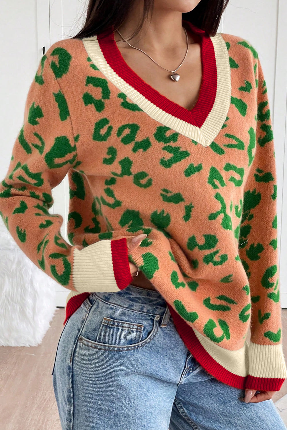 Orange Leopard Pattern Knit Contrast Striped Trim V Neck Sweater