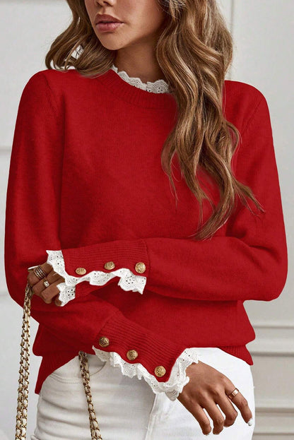 Racing Red Lace Trim Patchwork Buttoned Cuffs Loose Sweater