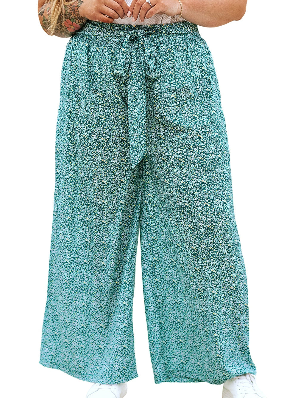 Green Floral Boho Tie-Waist Wide Leg Pants for Curvy Fashionistas