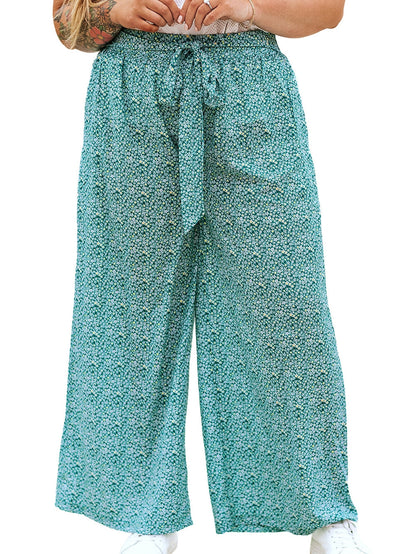 Green Floral Boho Tie-Waist Wide Leg Pants for Curvy Fashionistas