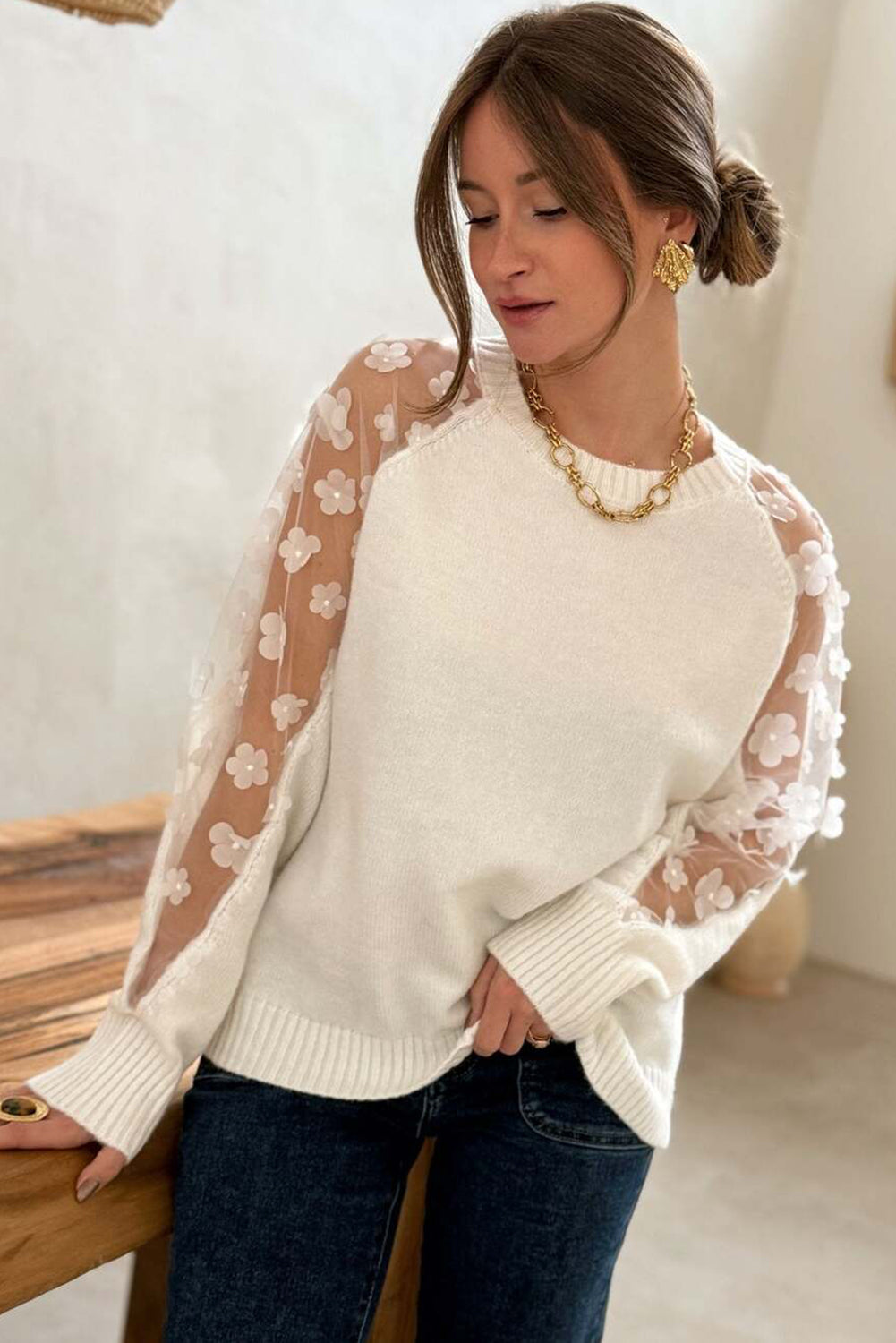 White Flower Applique Mesh Patchwork Sleeve Ribbed Trim Sweater
