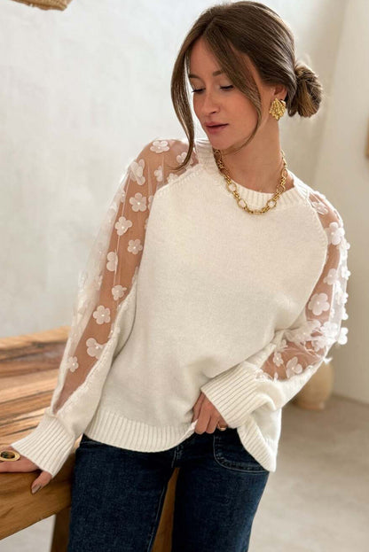 White Flower Applique Mesh Patchwork Sleeve Ribbed Trim Sweater