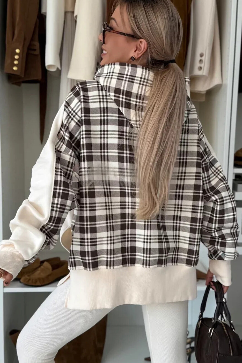 Beige Plaid Patchwork Side Slit Sweatshirt