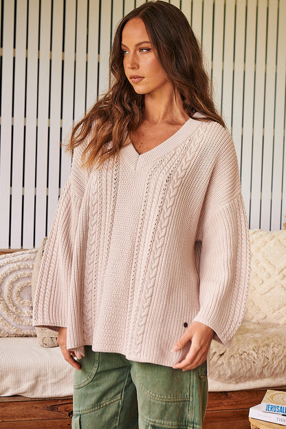 Jet Stream Cable Knit V Neck Side Slits Baggy Sweater