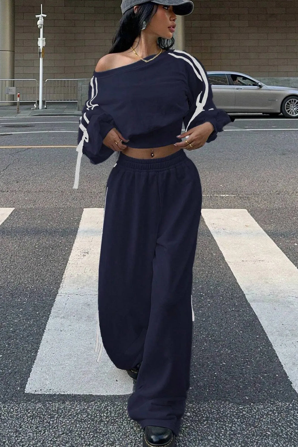 Navy Blue Varsity Striped Bow Knot Detail Cropped Top Elastic Waist Pull On Loose Pant Set