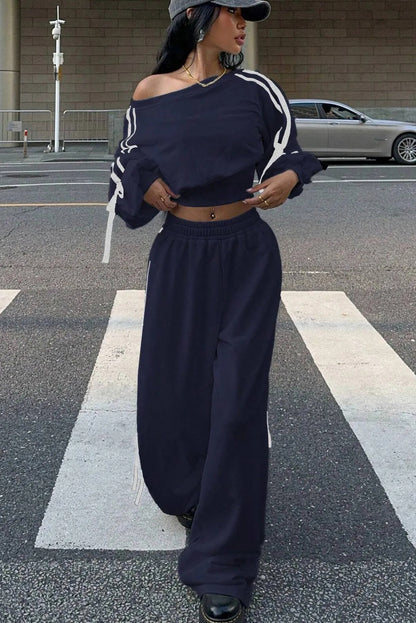 Navy Blue Varsity Striped Bow Knot Detail Cropped Top Elastic Waist Pull On Loose Pant Set