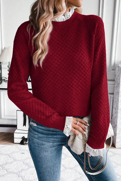 Burgundy  Contrast Lace Frilled Trim Raglan Sleeve Sweater