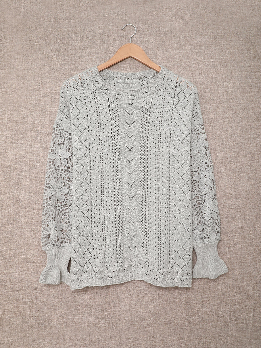 Gray Scallop Neck Crochet Lace Knit Sweater