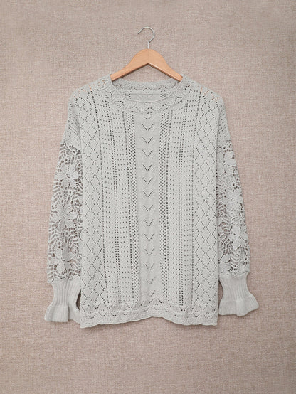 Gray Scallop Neck Crochet Lace Knit Sweater