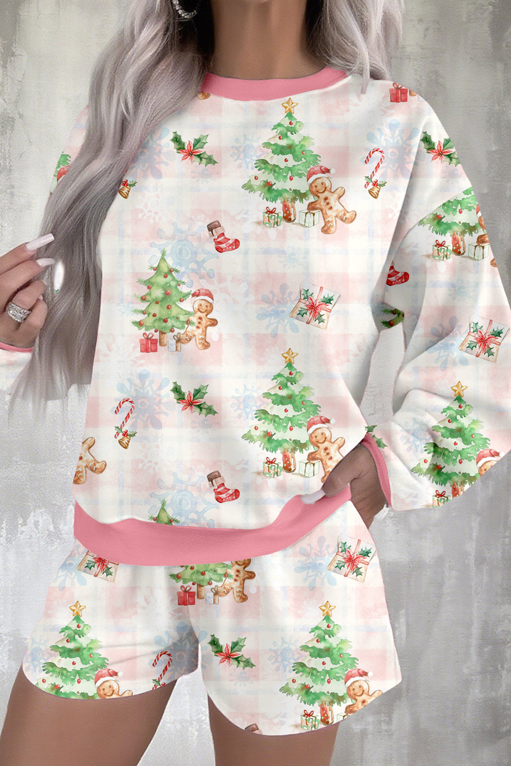 Pink Gingerbread Man Christmas Print Long Sleeve Pullover Lounge Short Set